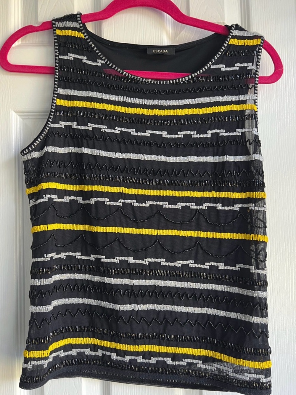Sleeveless Top - Black with Yellow & Silver Stripes Escada Black Beaded Stripe